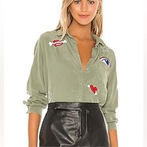 Lauren Moshi SLOANE BONE ELEMENTS IN PINE GREEN Button Down Shirt M Tencel blend